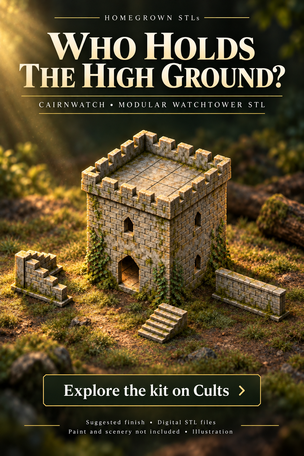 Cairnwatch fantasy terrain illustrated with a mossy woodland finish.