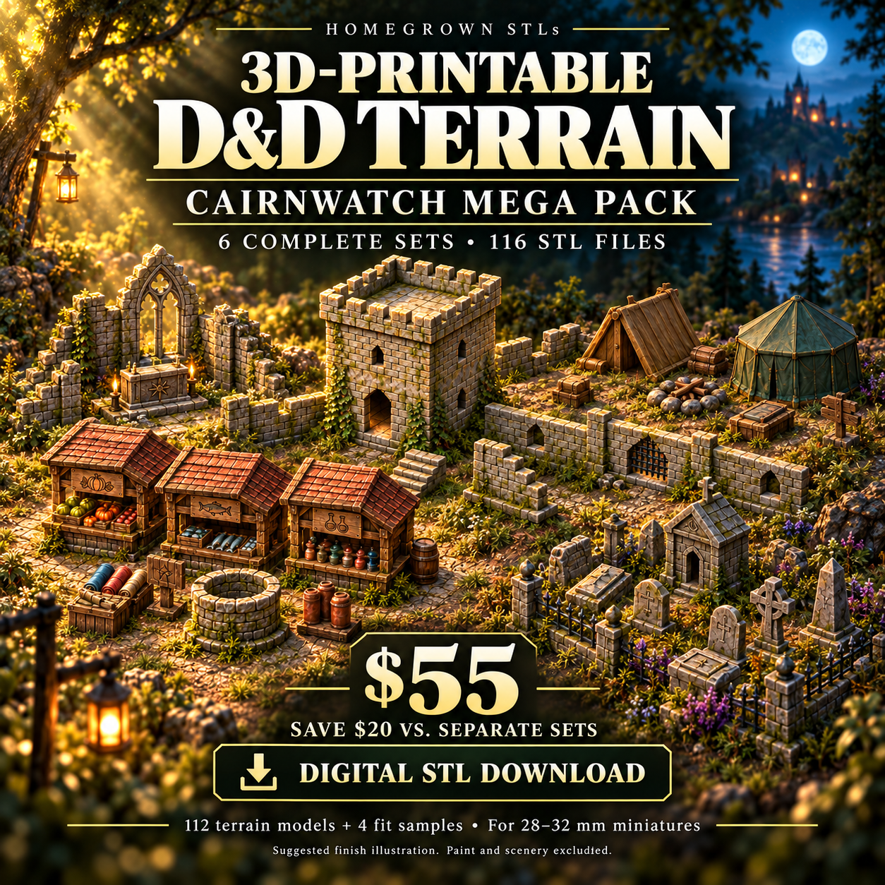 Cairnwatch Mega Pack: six fantasy D&D terrain sets, 116 STL files, $55.